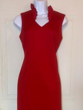 Calvin Klein Red Ruffle Neck Sheath Dress Size 4 Career Interview Office